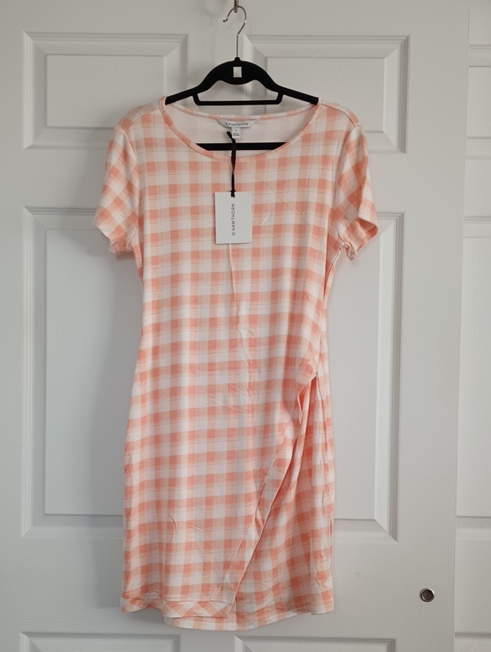 NWT Stitch Fix 41 Hawthorn Brigitte Knit Peach Gingham Dress. Size: Large